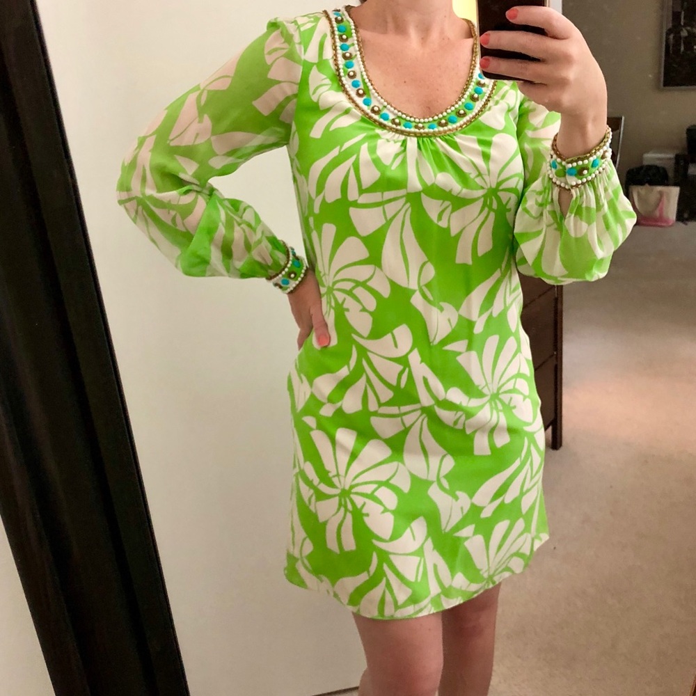 Lilly Pulitzer Lime Green White Silk Beaded Dress